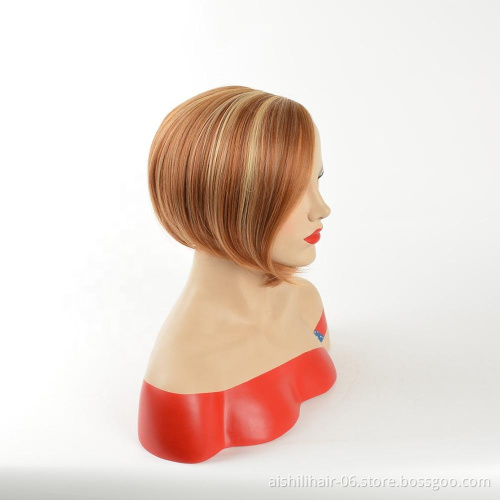 Wholesale Synthetic wigs Silky straight short mixed color brown and gold hair synthetic hair wigs for women